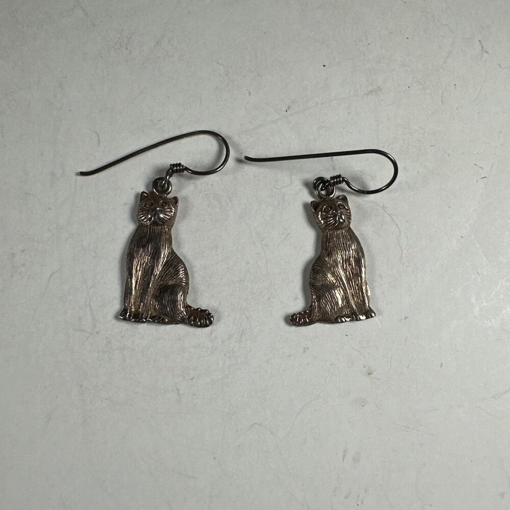Vintage Sterling Silver 925 Sitting Cat Dangle Earrings 7.6g 1.5"